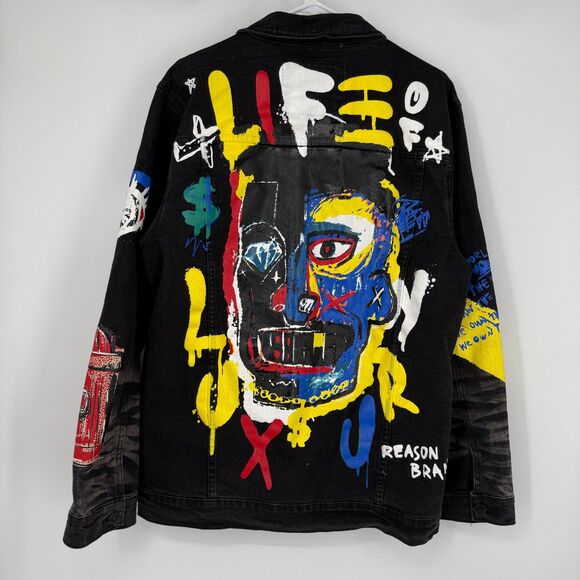 Reason Other - Reason Denim Jacket Graffiti Biker Emo Grunge Streetwear Art to Wear Men Size L